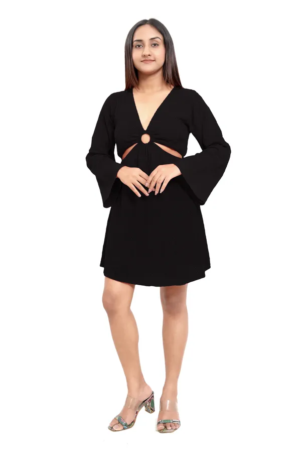 Black_Cotton_Schiffli_Front_Ring_Side_Cut_Pattern_Full_Sleeve_Short_Dress_For_Women