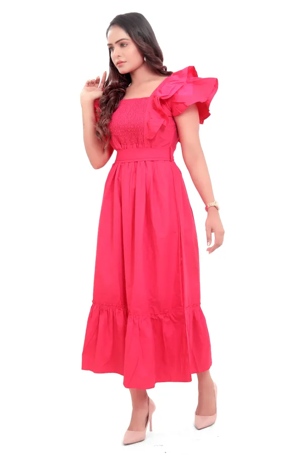 Hot_Pink_Cotton_Poplin_Long_Frill_Long_Dress_For_Women