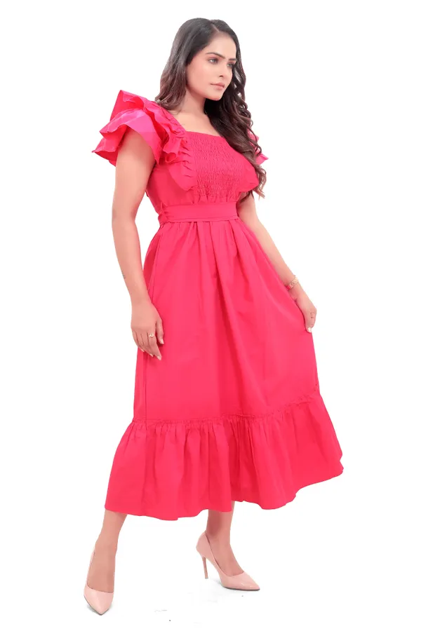 Hot_Pink_Cotton_Poplin_Long_Frill_Long_Dress_For_Women
