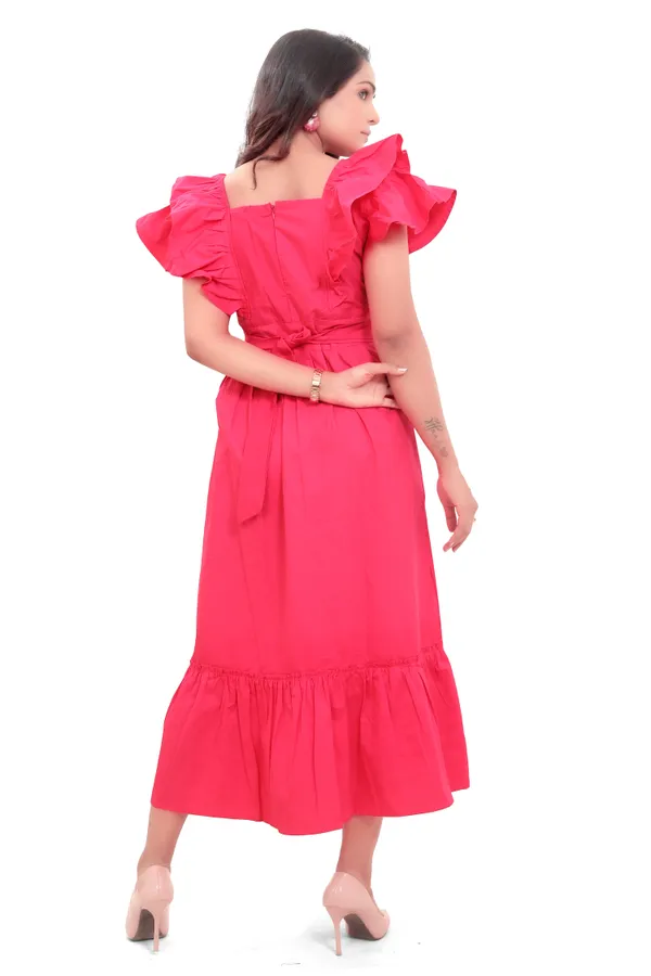 Hot_Pink_Cotton_Poplin_Long_Frill_Long_Dress_For_Women