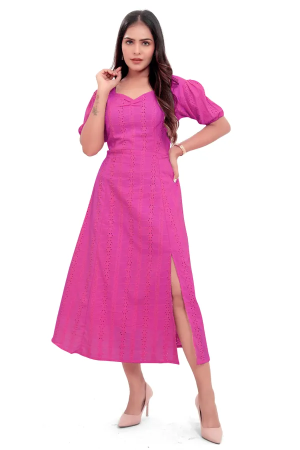 Hot_Pink_Cotton_Schiffli_Slit_Cut_Back_Open_Long_Dress_For_Women