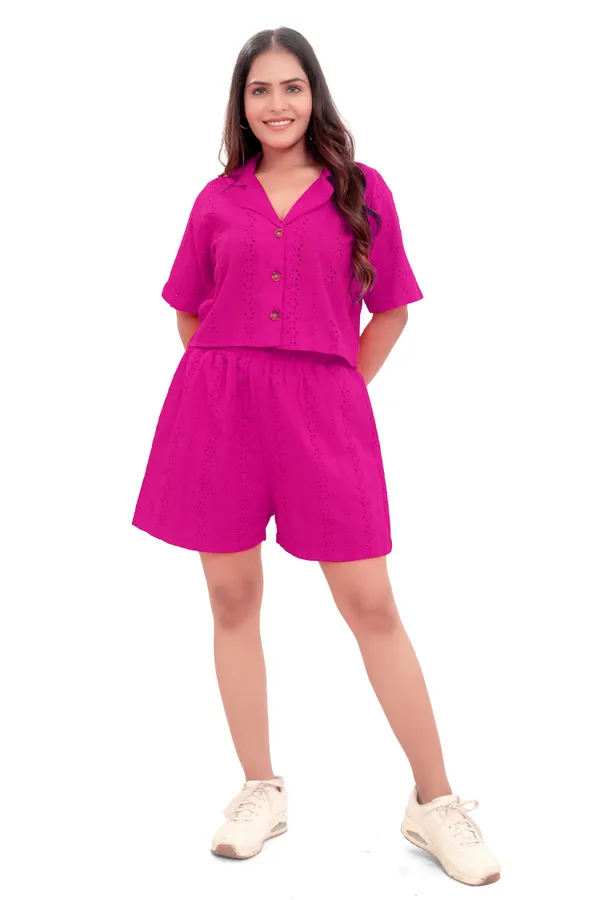 Hot_Pink_Cotton_Schiffli_Crop_Shirt_And_Shorts_Co-Ord_Set_For_Women