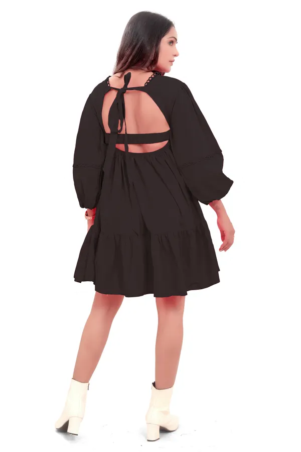 Black_Cotton_Poplin_Back_Open_Knot_Pattern_Short_Dress_For_Women