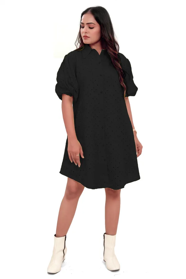 Black_Cotton_Schiffli_Shirt_Style_Short_Dress_For_Women