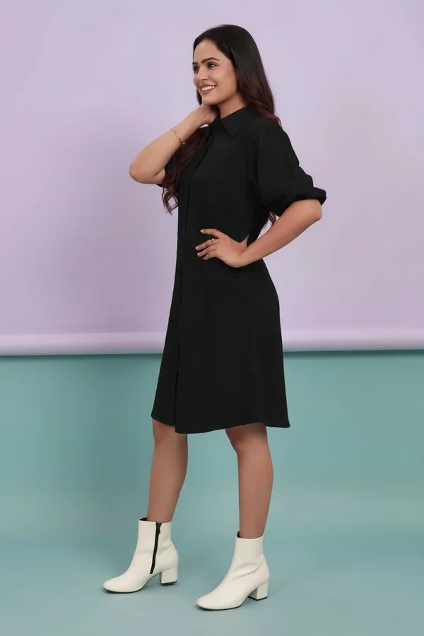 Black_Cotton_Schiffli_Shirt_Style_Short_Dress_For_Women