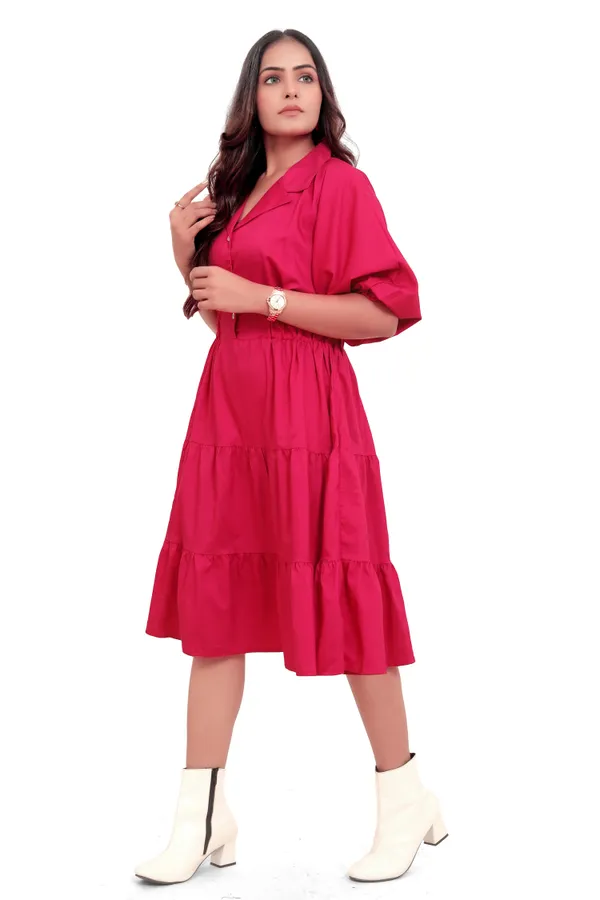 Hot_Pink_Cotton_Poplin_Coat_Collar_Frill_Short_Dress_For_Women