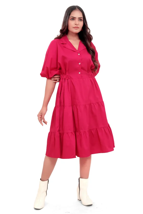 Hot_Pink_Cotton_Poplin_Coat_Collar_Frill_Short_Dress_For_Women