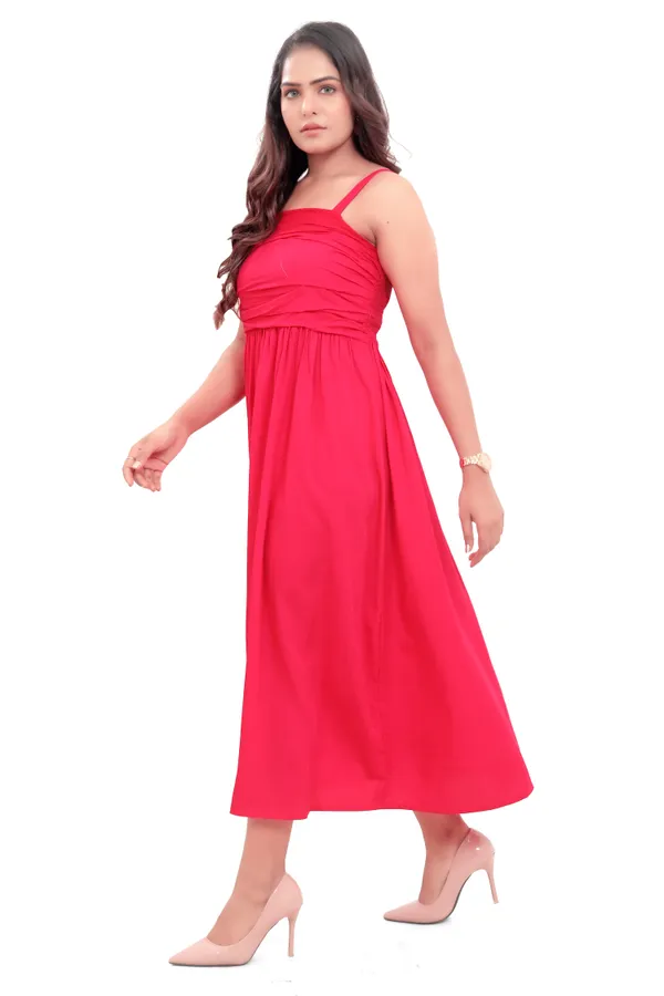 Hot_Pink_Cotton_Poplin_Spaghetti_Front_Wrinkle_Long_Dress_For_Women