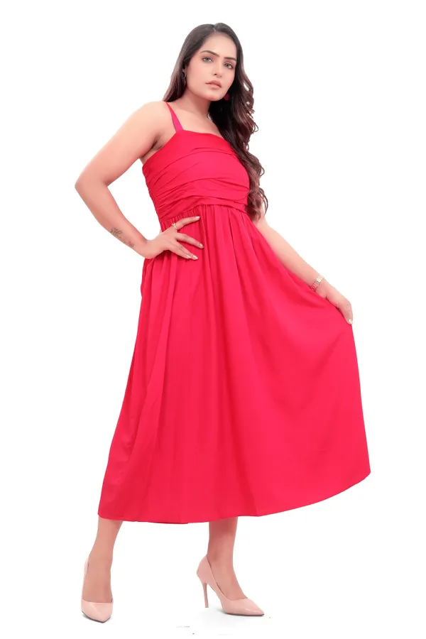 Hot_Pink_Cotton_Poplin_Spaghetti_Front_Wrinkle_Long_Dress_For_Women
