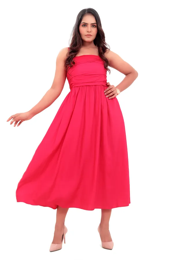 Hot_Pink_Cotton_Poplin_Spaghetti_Front_Wrinkle_Long_Dress_For_Women