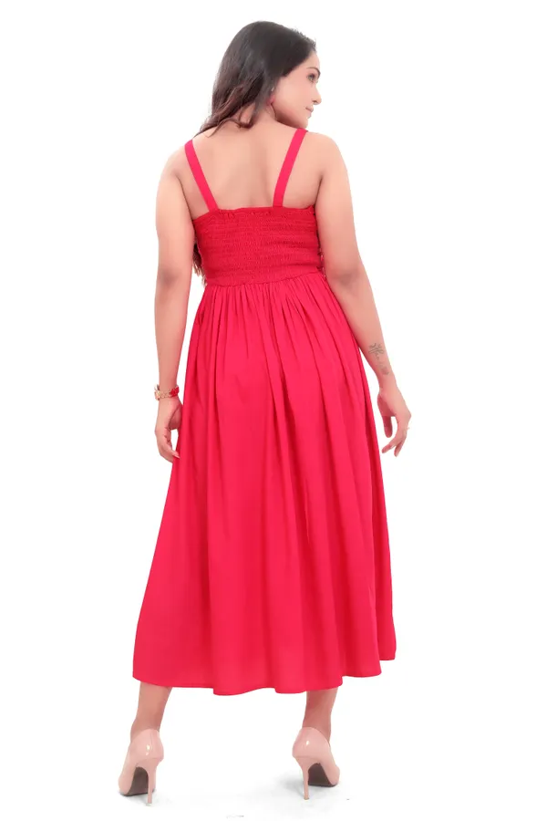 Hot_Pink_Cotton_Poplin_Spaghetti_Front_Wrinkle_Long_Dress_For_Women