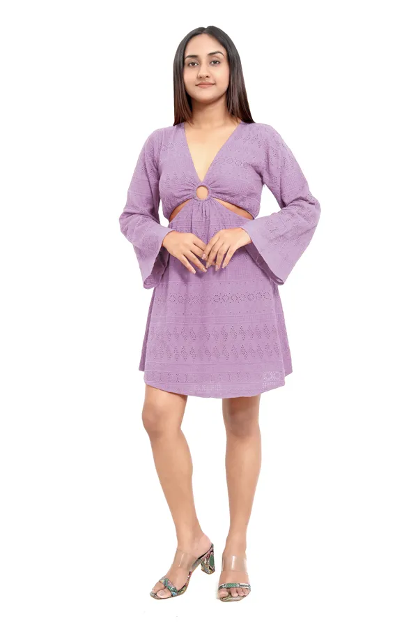 Lavendar_Cotton_Schiffli_Front_Ring_Side_Cut_Pattern_Full_Sleeve_Short_Dress_For_Women