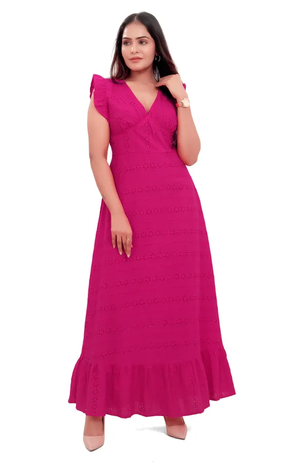 Hot_Pink_Cotton_Schiffli_Back_Knot_Long_Dress_For_Women