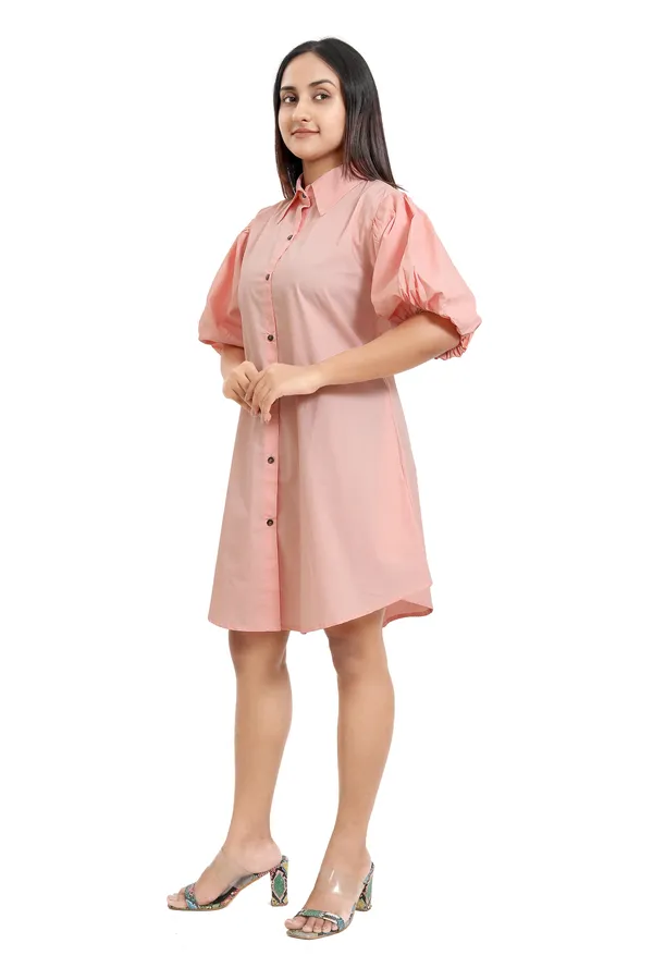 Peach_Cotton_Poplin_Shirt_Style_Short_Dress_For_Women