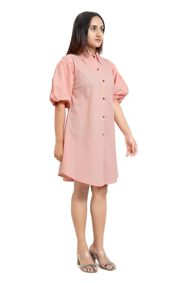 Peach_Cotton_Poplin_Shirt_Style_Short_Dress_For_Women