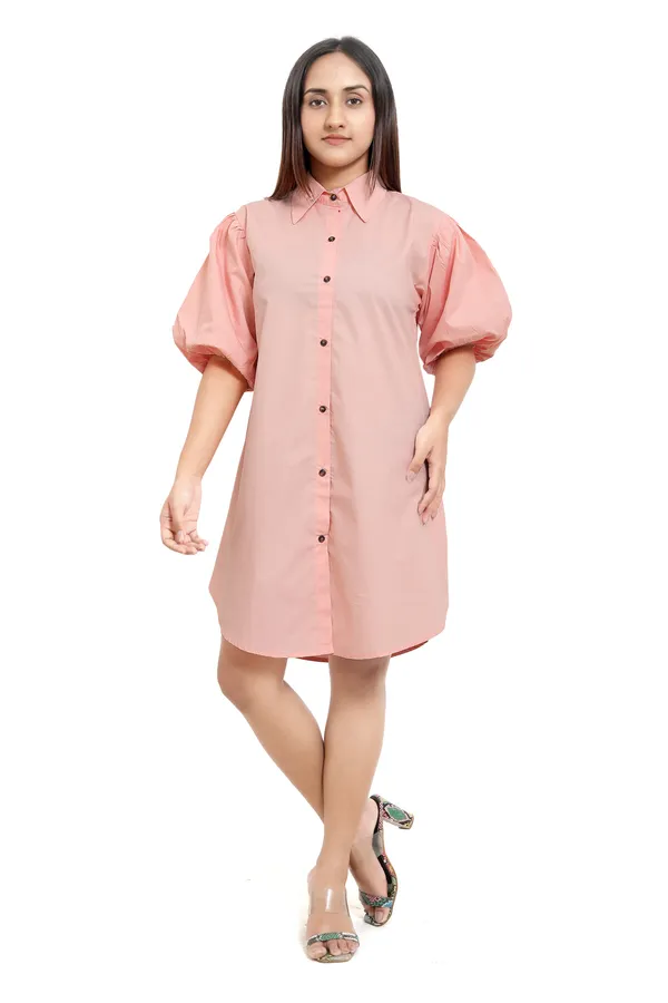 Peach_Cotton_Poplin_Shirt_Style_Short_Dress_For_Women