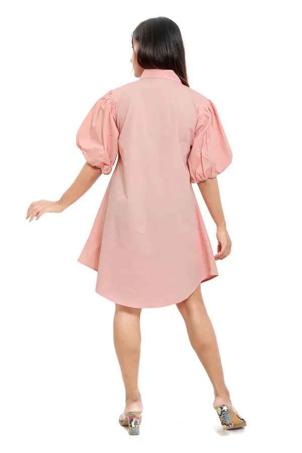 Peach_Cotton_Poplin_Shirt_Style_Short_Dress_For_Women