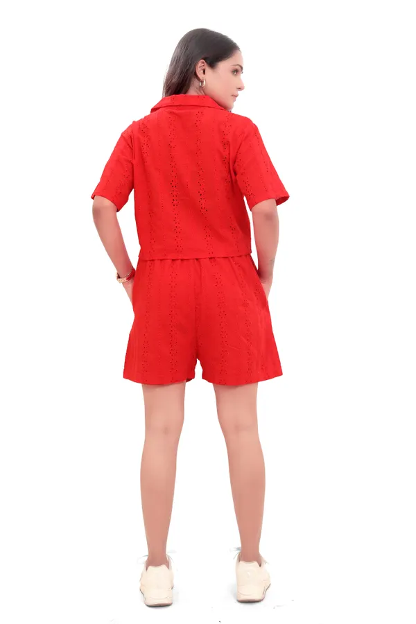Red_Cotton_Schiffli_Crop_Shirt_And_Shorts_Co-Ord_Set_For_Women
