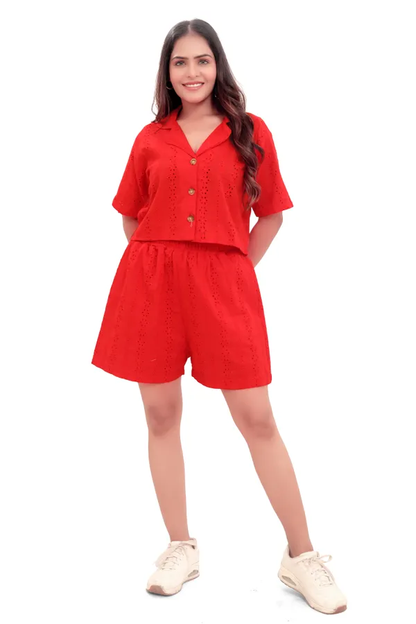 Red_Cotton_Schiffli_Crop_Shirt_And_Shorts_Co-Ord_Set_For_Women