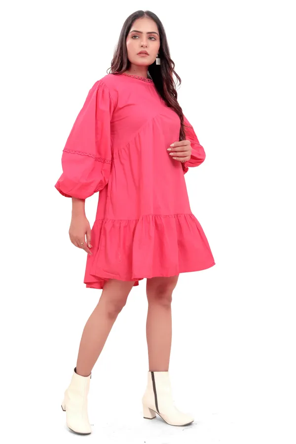 Pink_Cotton_Poplin_Back_Open_Knot_Pattern_Short_Dress_For_Women