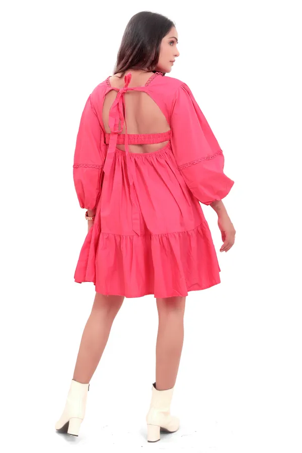 Pink_Cotton_Poplin_Back_Open_Knot_Pattern_Short_Dress_For_Women