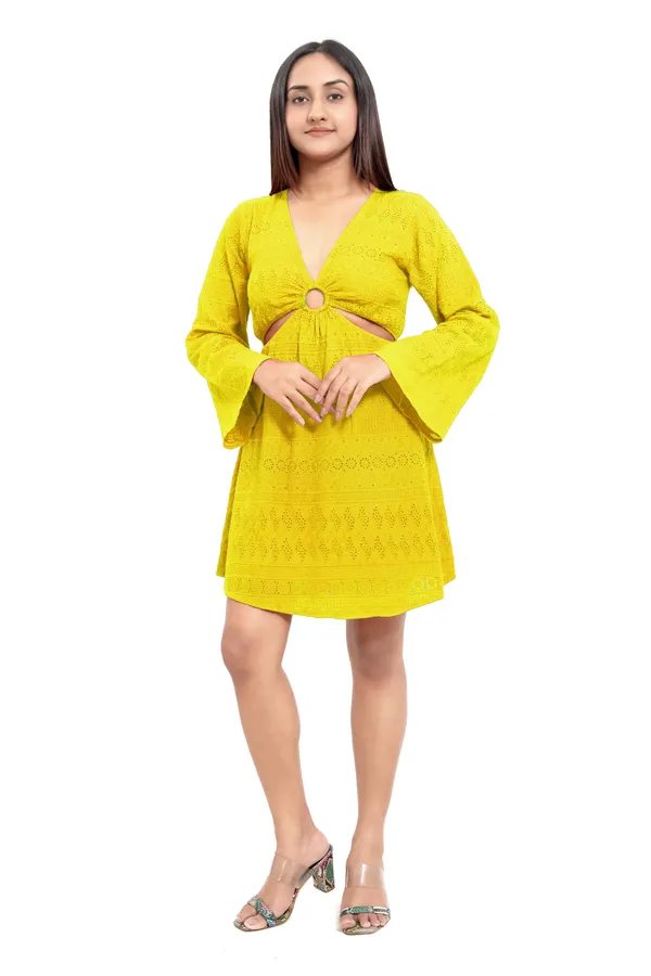 Lime_Green_Cotton_Schiffli_Front_Ring_Side_Cut_Pattern_Full_Sleeve_Short_Dress_For_Women