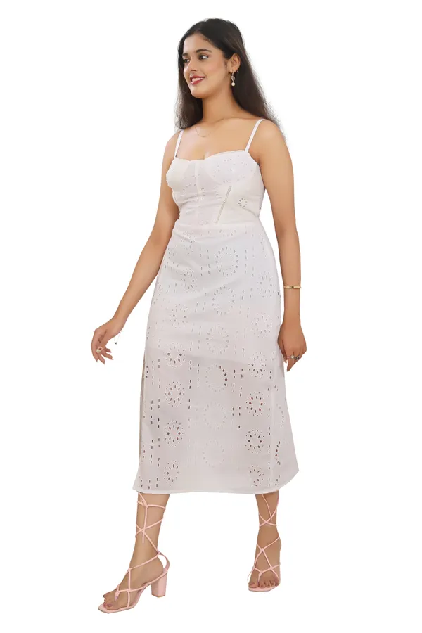 White_Color_Shiffli_Fabric_Side_slit_cut_Spaghetti_Dress_for_women