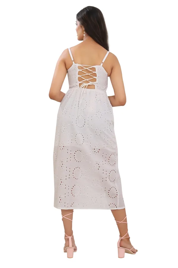 White_Color_Shiffli_Fabric_Side_slit_cut_Spaghetti_Dress_for_women