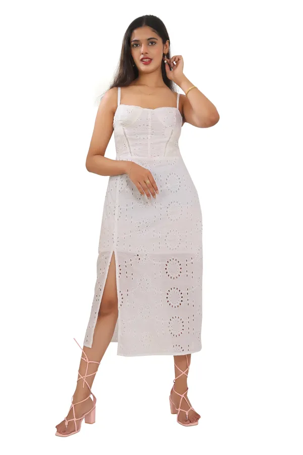 White_Color_Shiffli_Fabric_Side_slit_cut_Spaghetti_Dress_for_women