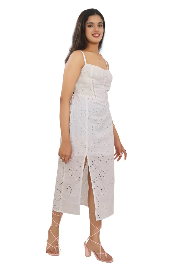 White_Color_Shiffli_Fabric_Side_slit_cut_Spaghetti_Dress_for_women