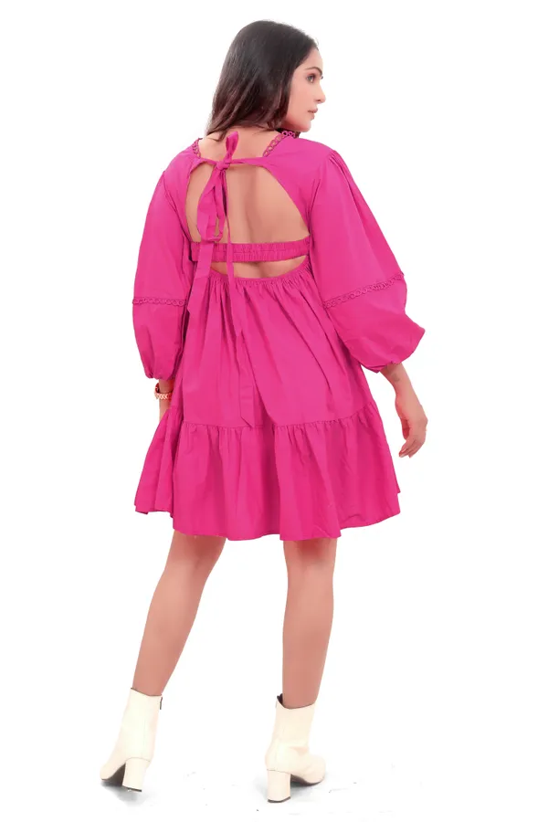 Hot_Pink_Cotton_Poplin_Back_Open_Knot_Pattern_Short_Dress_For_Women