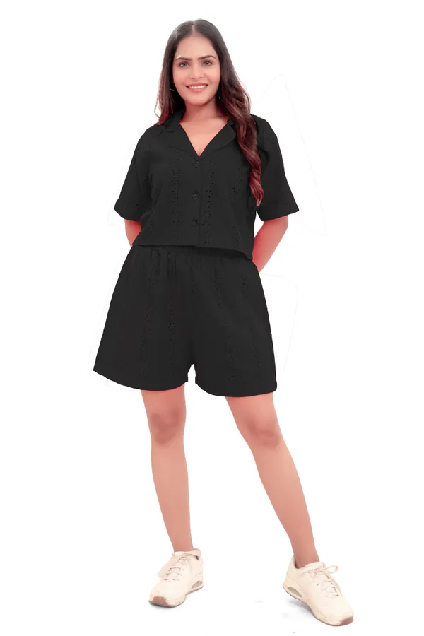 Black_Cotton_Schiffli_Crop_Shirt_And_Shorts_Co-Ord_Set_For_Women