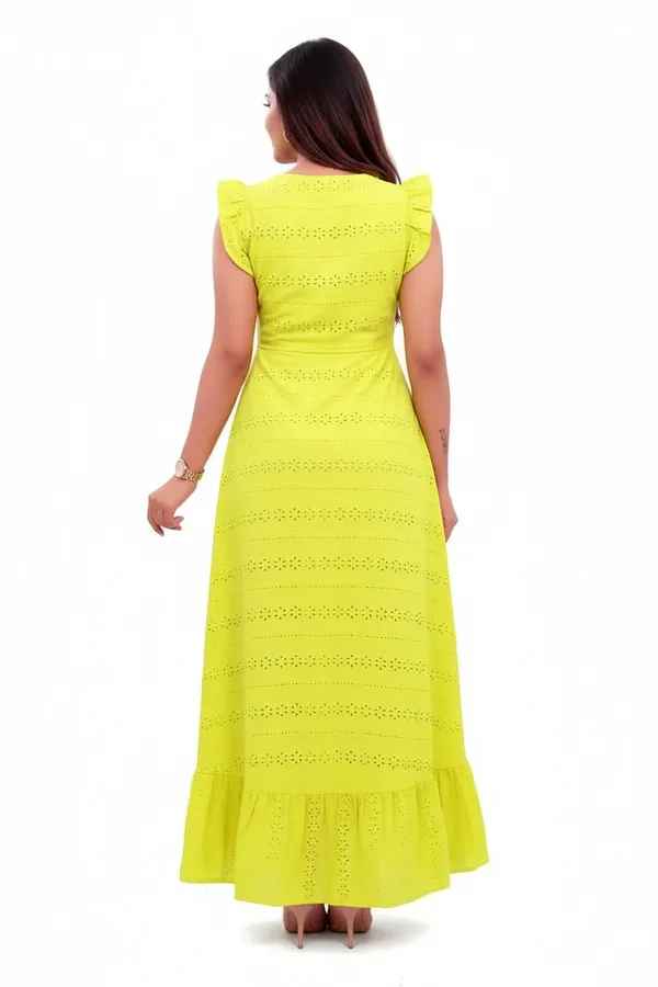 Lime_Green_Cotton_Schiffli_Back_Knot_Long_Dress_For_Women