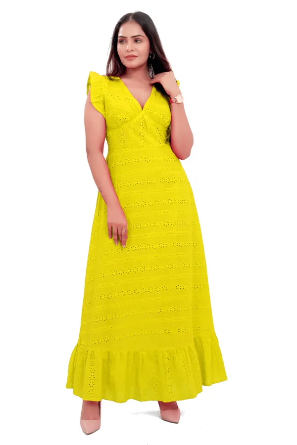 Lime_Green_Cotton_Schiffli_Back_Knot_Long_Dress_For_Women