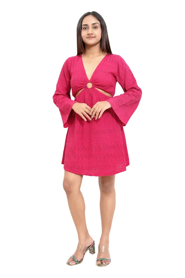 Hot_Pink_Cotton_Schiffli_Front_Ring_Side_Cut_Pattern_Full_Sleeve_Short_Dress_For_Women
