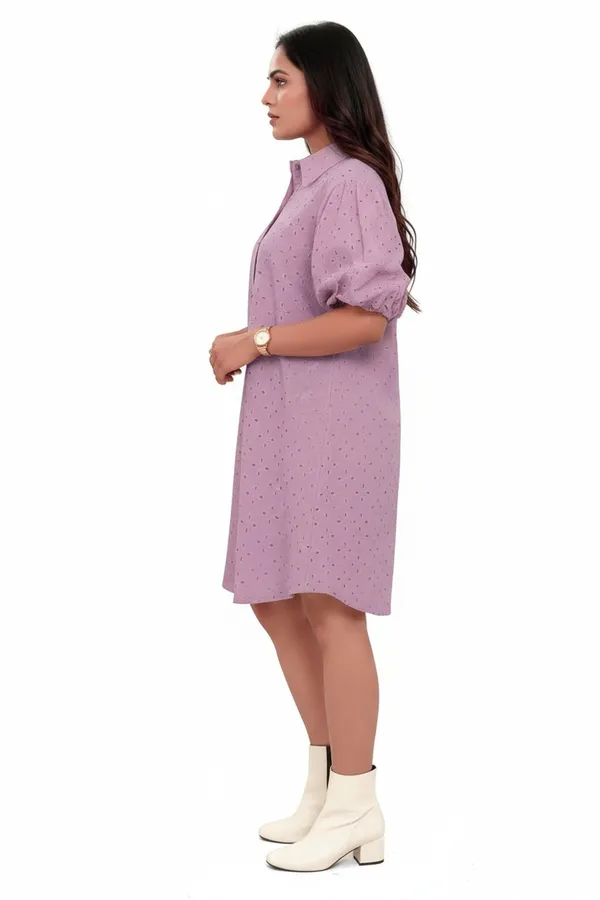 Lavender_Colour_Cotton_Schiffli_Shirt_Style_Short_Dress_For_Women