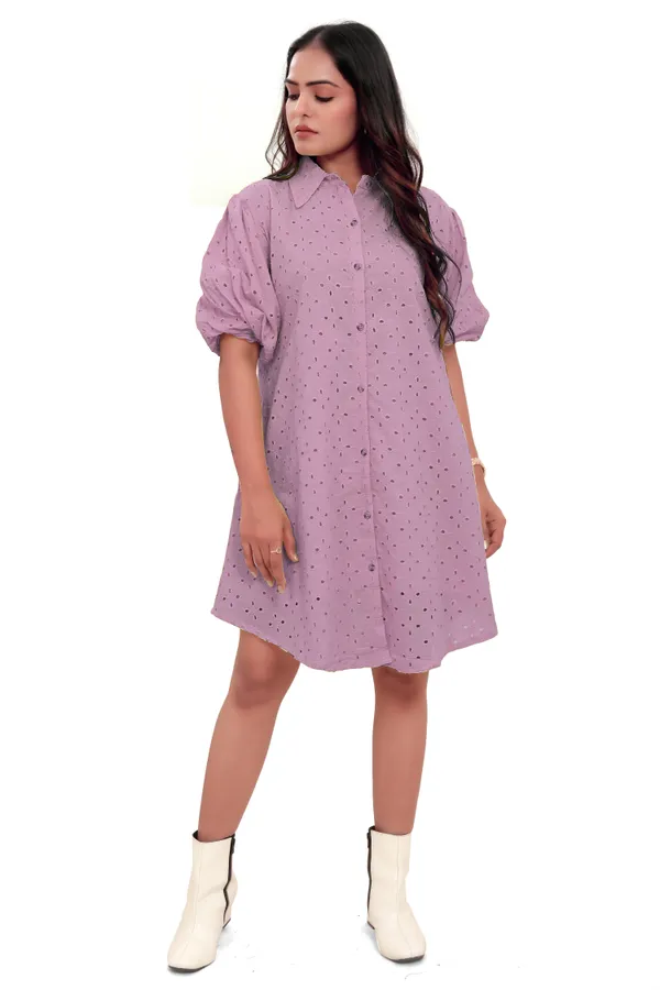 Lavender_Colour_Cotton_Schiffli_Shirt_Style_Short_Dress_For_Women
