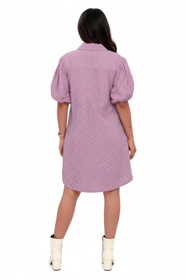 Lavender_Colour_Cotton_Schiffli_Shirt_Style_Short_Dress_For_Women