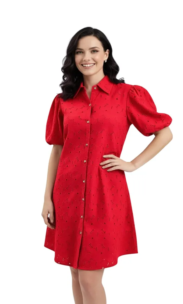 Red_Cotton_Schiffli_Shirt_Style_Short_Dress_For_Women