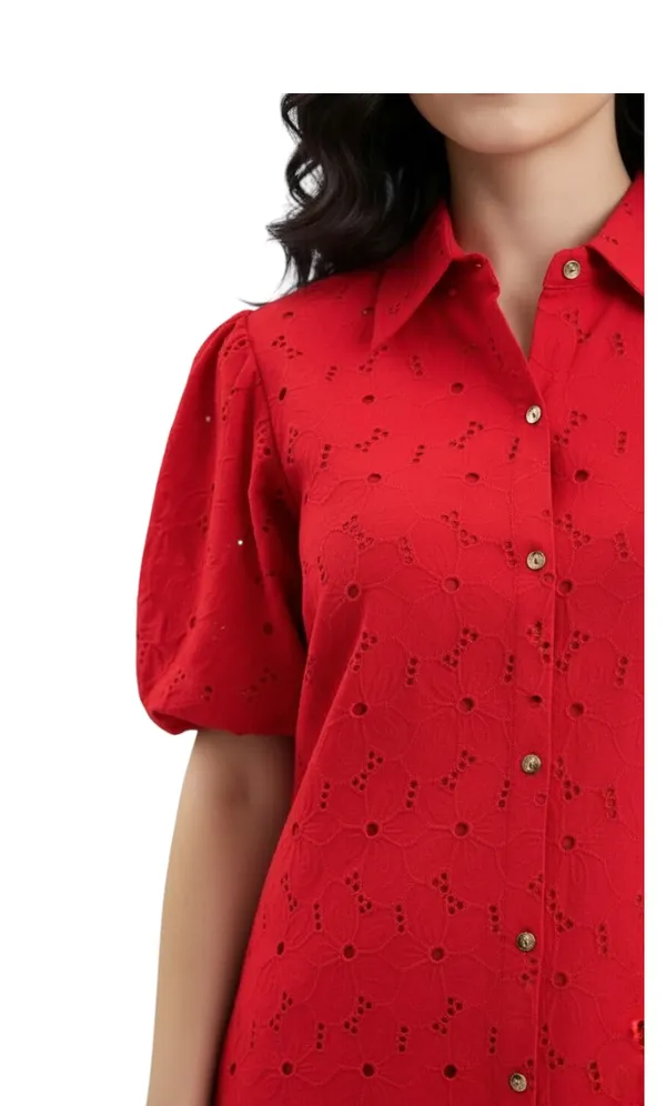 Red_Cotton_Schiffli_Shirt_Style_Short_Dress_For_Women