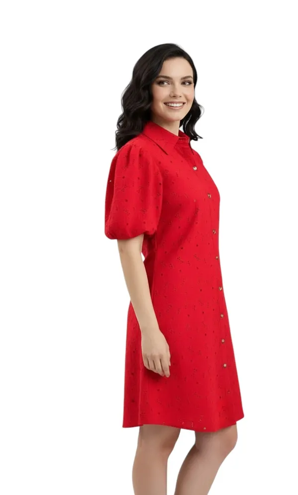 Red_Cotton_Schiffli_Shirt_Style_Short_Dress_For_Women