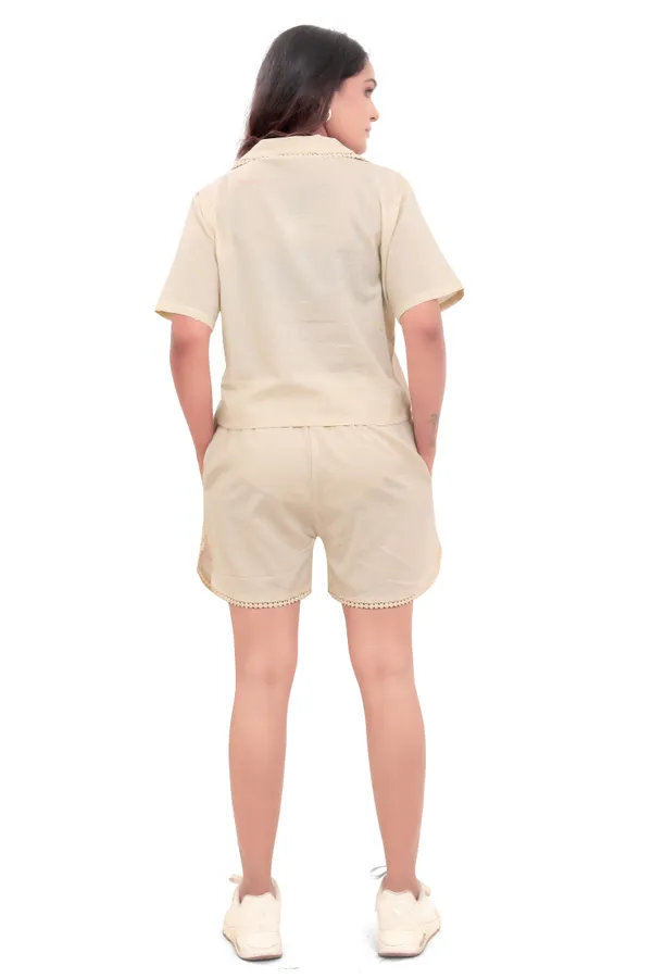 Off-White_Linen_Shorts_And_Coat_Collar_Shirt_With_Lace_Co-Ord_Set_For_Women