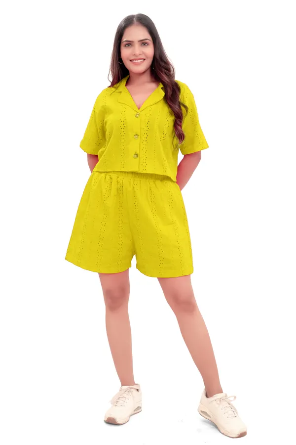 Lime_Green_Color_Cotton_Schiffli_Crop_Shirt_And_Shorts_Co-Ord_Set_For_Women
