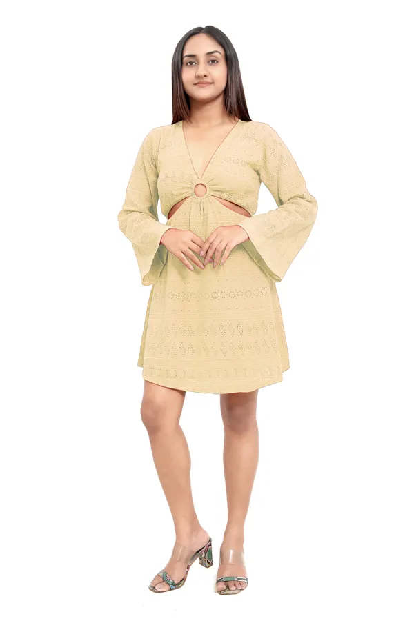 Lemon_Cotton_Schiffli_Front_Ring_Side_Cut_Pattern_Full_Sleeve_Short_Dress_For_Women
