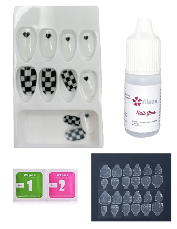 Black_Checkered_Designer_Press_On_Artificial_Nails/Fake_Nails_Almond/Squoval_With_1_Glue_Kit