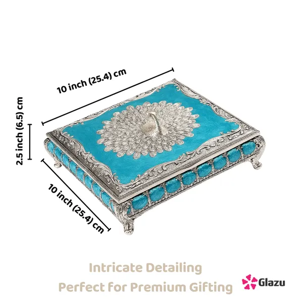 German_Silver_Peacock_Dry_Fruit_Box_(4_Compartments),_Blue_?_Elegant_Storage_for_Dry_Fruits,_Nuts,_Sweets,_and_Snacks_?_Premium_Quality_Gift_Box_for_Festivals_&_Occasions