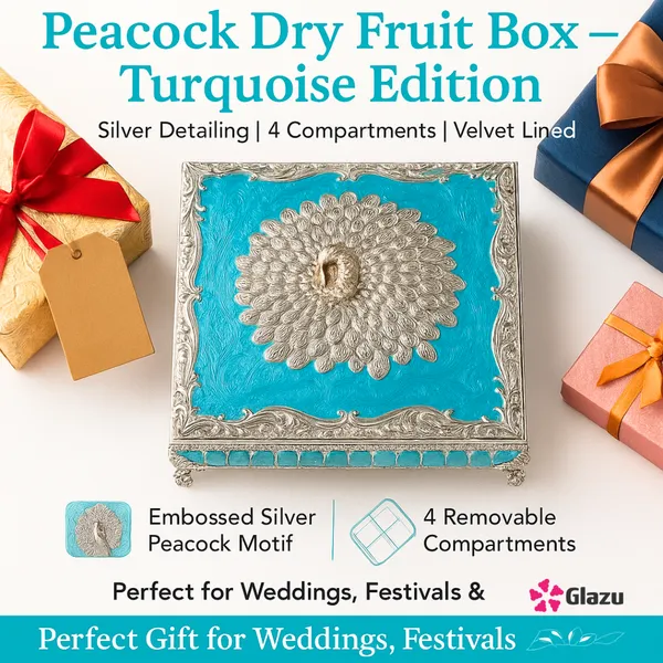 German_Silver_Peacock_Dry_Fruit_Box_(4_Compartments),_Blue_?_Elegant_Storage_for_Dry_Fruits,_Nuts,_Sweets,_and_Snacks_?_Premium_Quality_Gift_Box_for_Festivals_&_Occasions