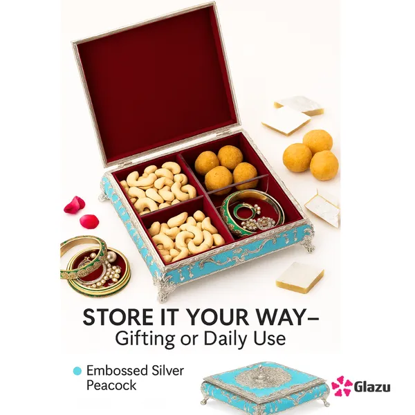 German_Silver_Peacock_Dry_Fruit_Box_(4_Compartments),_Blue_?_Elegant_Storage_for_Dry_Fruits,_Nuts,_Sweets,_and_Snacks_?_Premium_Quality_Gift_Box_for_Festivals_&_Occasions