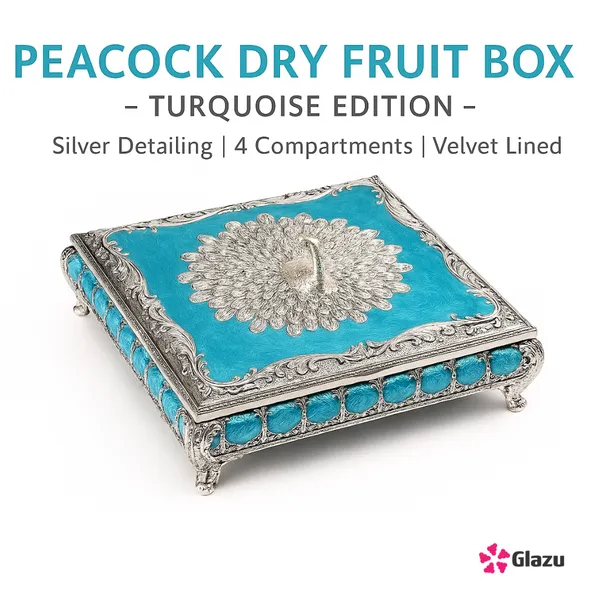 German_Silver_Peacock_Dry_Fruit_Box_(4_Compartments),_Blue_?_Elegant_Storage_for_Dry_Fruits,_Nuts,_Sweets,_and_Snacks_?_Premium_Quality_Gift_Box_for_Festivals_&_Occasions
