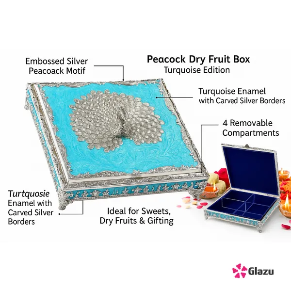 German_Silver_Peacock_Dry_Fruit_Box_(4_Compartments),_Blue_?_Elegant_Storage_for_Dry_Fruits,_Nuts,_Sweets,_and_Snacks_?_Premium_Quality_Gift_Box_for_Festivals_&_Occasions